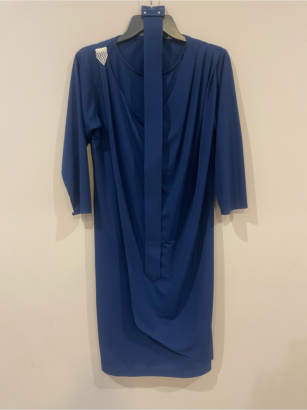 Vintage Cachet Navy Blue Draped Long Sleeve Dress with Shoulder Accent and Belt